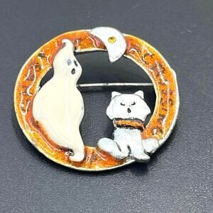 TC‎ Ghost Crossing Halloween Spooky Ghost Cat Orange Brooch